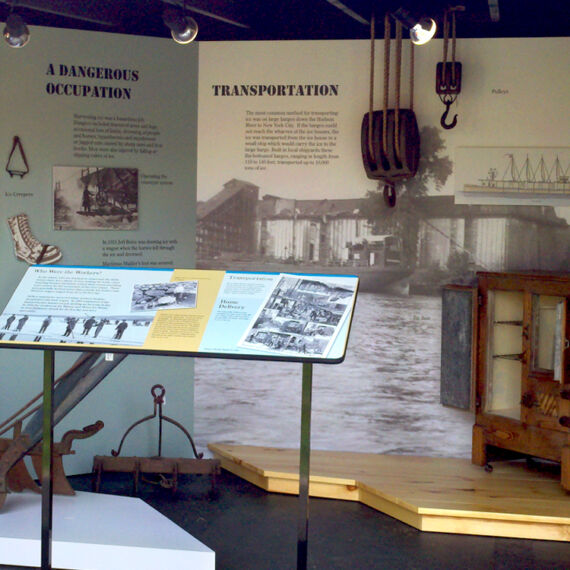 Ice Harvesting museum exhibit with custom graphics, platforms and reading rail