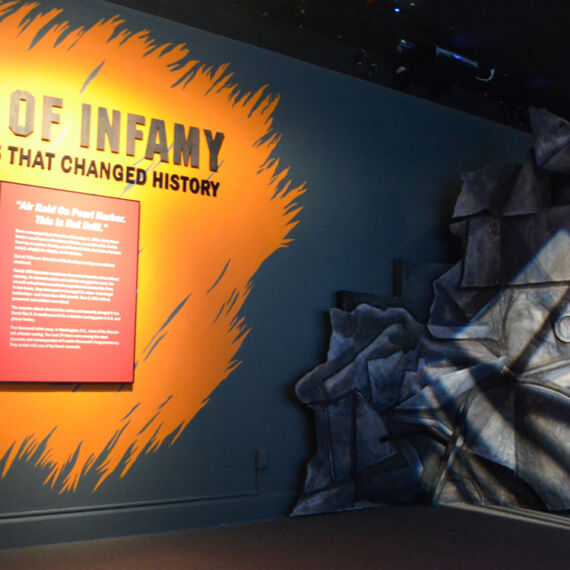 Custom museum exhibit ship display by empire exhibits in new york with wall graphic and dimensional letters for the Day of Infamy at the FDR Museum