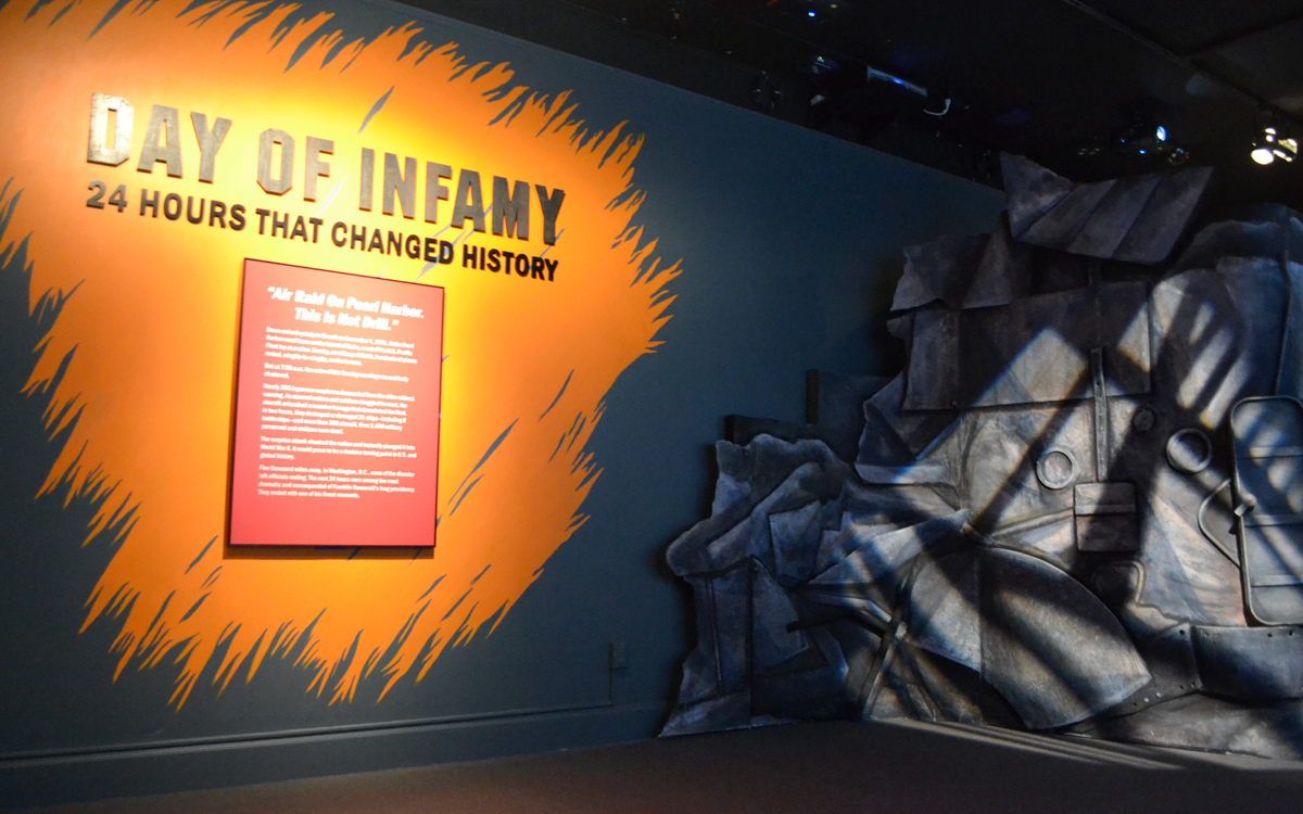 Custom museum exhibit ship display by empire exhibits in new york with wall graphic and dimensional letters for the Day of Infamy at the FDR Museum