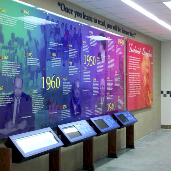 Graphic wall panels with custom kiosks in a school hall