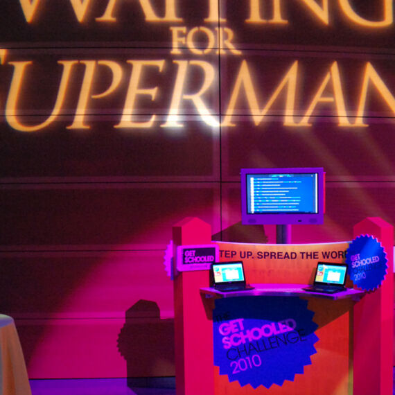 Custom fabricated kiosk display with Waiting for Superman projection