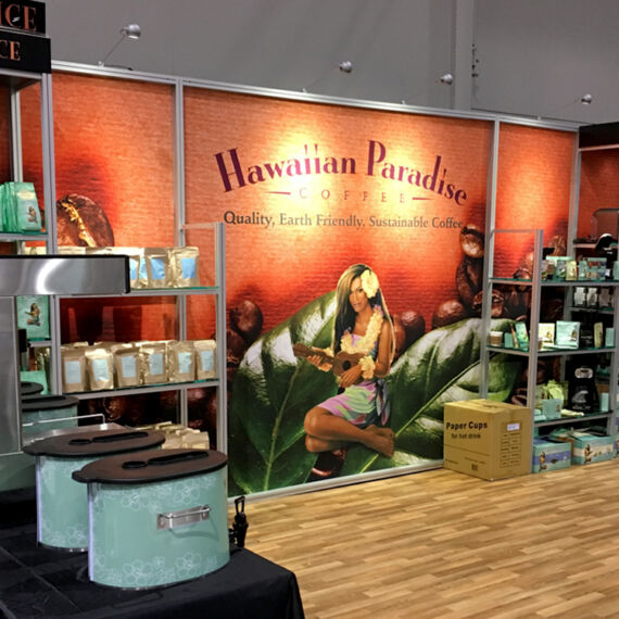 Trade show exhibit booth with custom shelving for Hawaiian Paradise Coffee