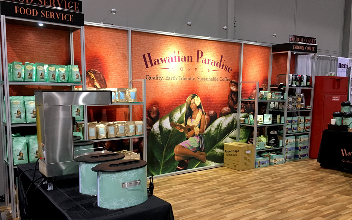Trade show exhibit booth with custom shelving for Hawaiian Paradise Coffee