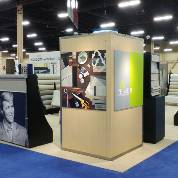 Phase II trade show booth exhibit with graphics of fabrics and David Bowie
