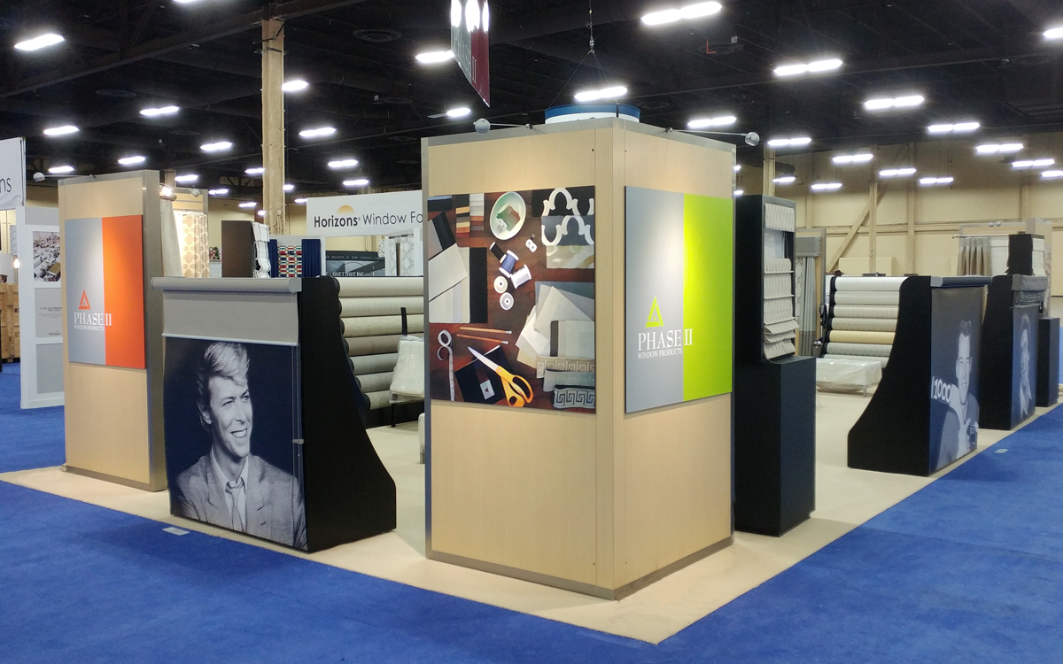 Phase II trade show booth exhibit with graphics of fabrics and David Bowie