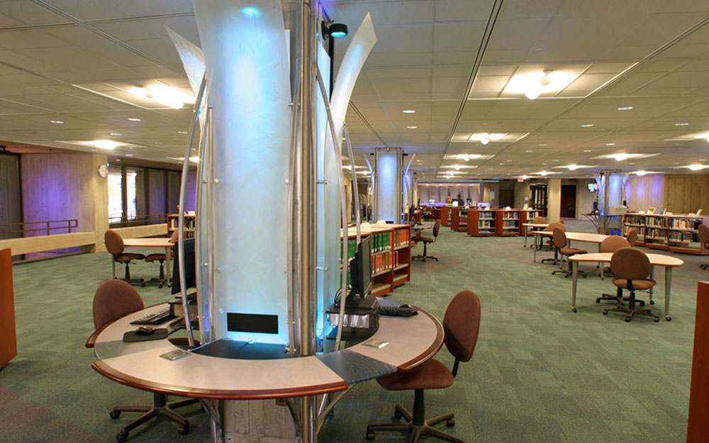 Custom built and lighted desks and workstations designed and fabricated for RPI Folsom Library